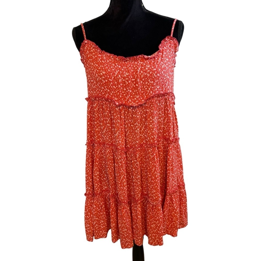 Lulu's Red Orange Calico Print Tiered Ruffled Sundress with Spaghetti Straps - Picture 2 of 8